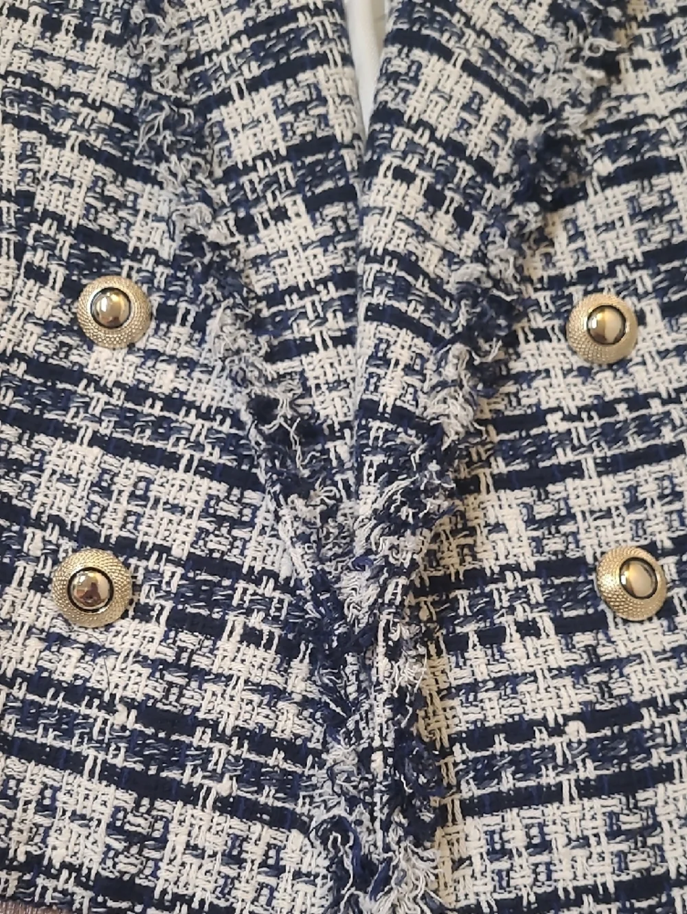 ZARA Navy and White Tweed Double-Breasted Crop Blazer